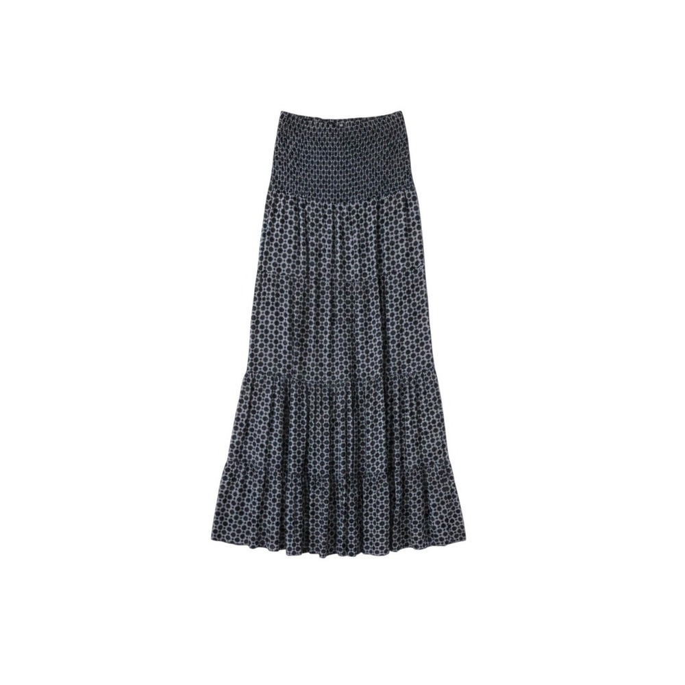 Chico's Navy & Gray Polka Dot Tiered Maxi Skirt Smocked Waist Flowy Boho Prairie